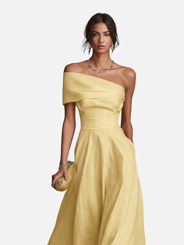Women's Yellow Linen Dress With One-Shoulder Neckline & Fitted Waist, Timeless Elegant-Chic Style Dress
