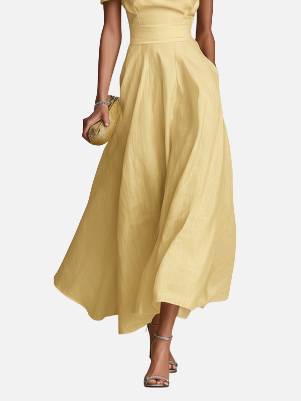 Women's Yellow Linen Dress With One-Shoulder Neckline & Fitted Waist, Timeless Elegant-Chic Style Dress