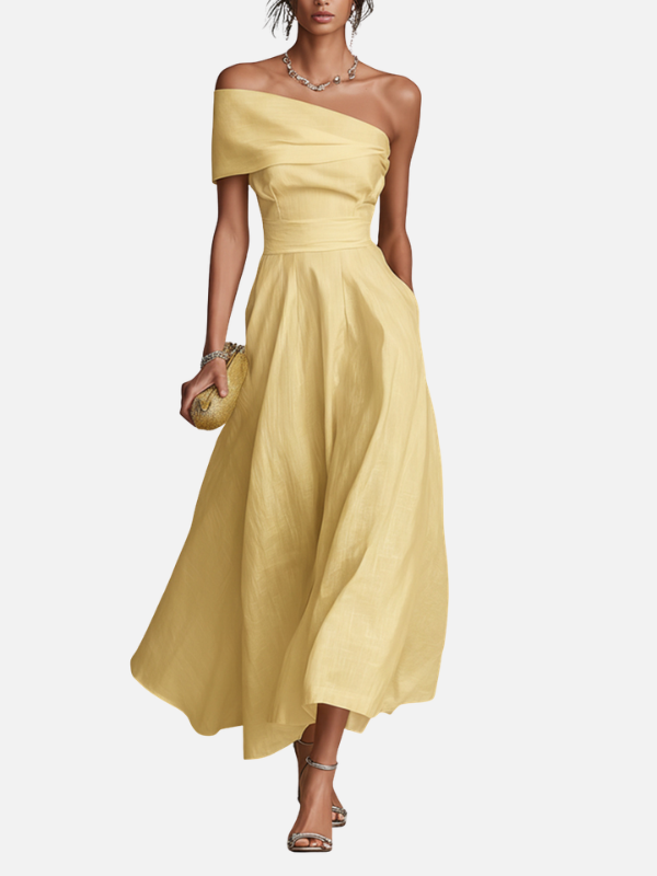 Women's Yellow Linen Dress With One-Shoulder Neckline & Fitted Waist, Timeless Elegant-Chic Style Dress