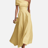 Women's Yellow Linen Dress With One-Shoulder Neckline & Fitted Waist, Timeless Elegant-Chic Style Dress