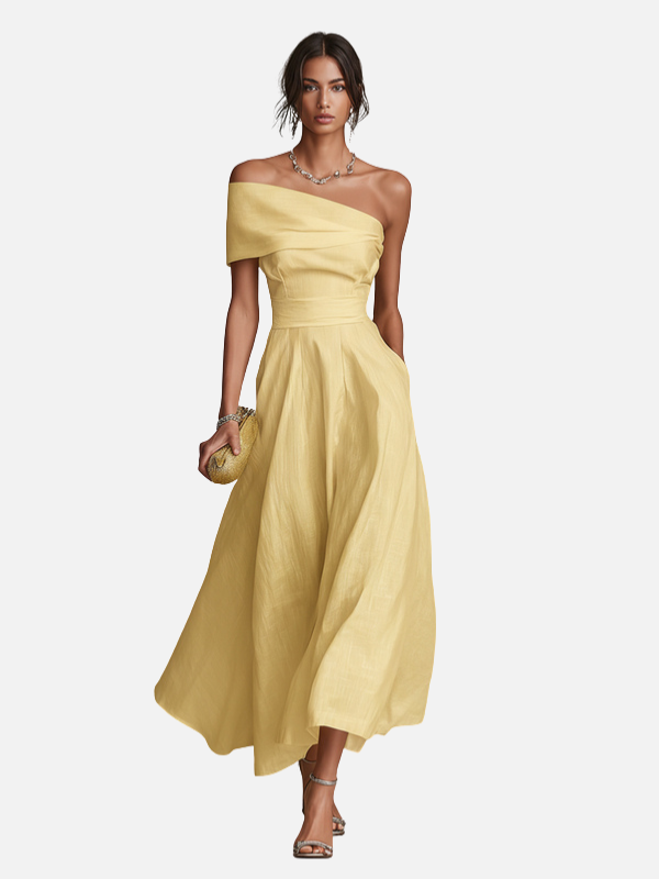 Women's Yellow Linen Dress With One-Shoulder Neckline & Fitted Waist, Timeless Elegant-Chic Style Dress