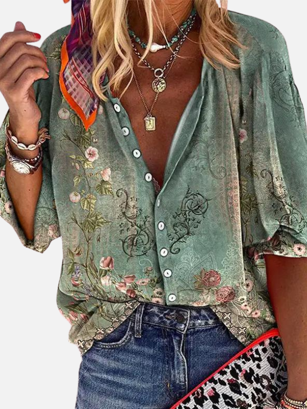 Renata | Blusa Vintage Floreada Manga 3/4 con Botones