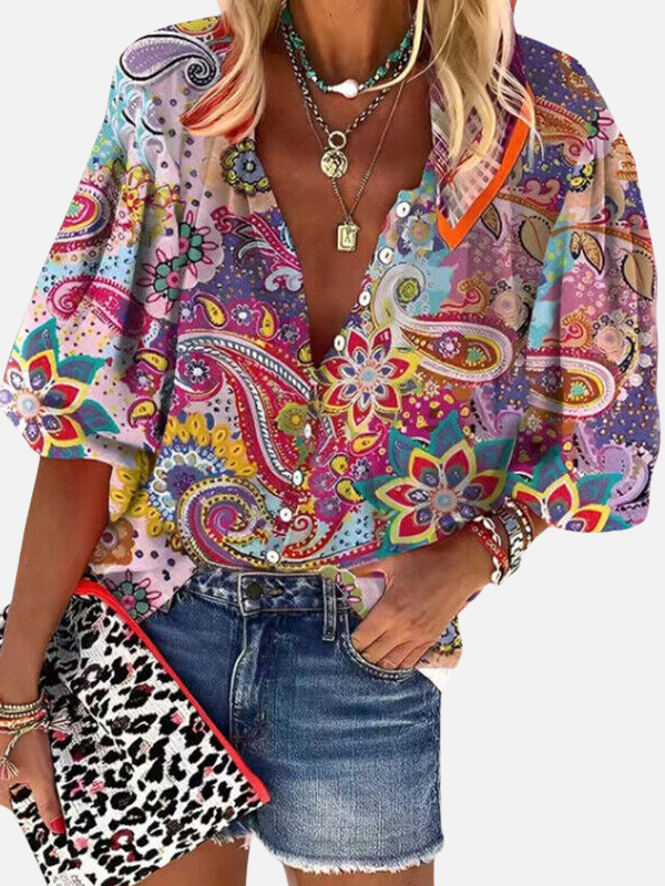 Renata | Blusa Vintage Floreada Manga 3/4 con Botones
