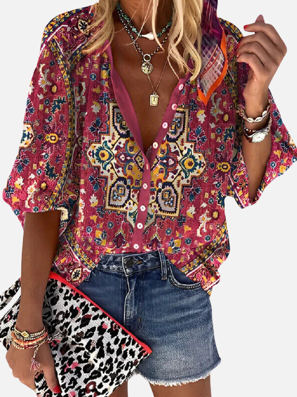 Renata | Blusa Vintage Floreada Manga 3/4 con Botones