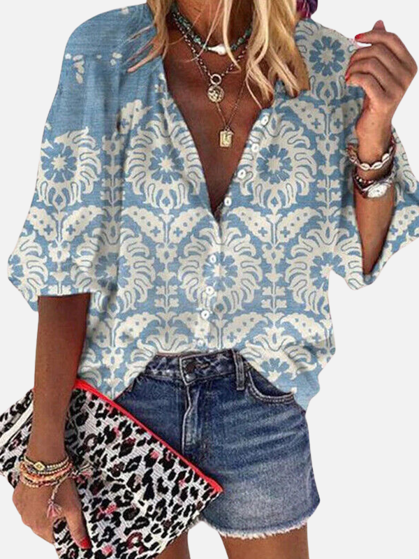 Renata | Blusa Vintage Floreada Manga 3/4 con Botones