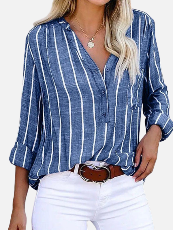 Luciana | Blusa de Rayas Manga Larga con Bolsillo