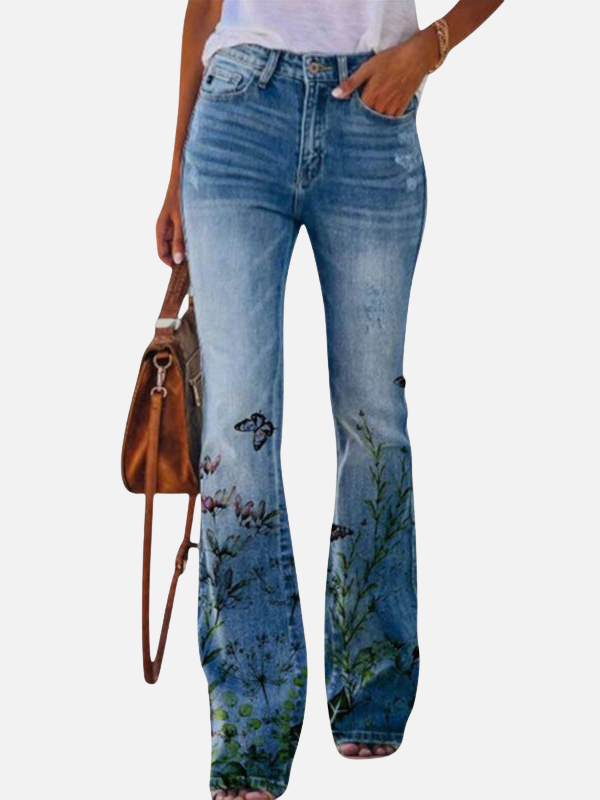 Alejandra | Jeans Acampanados Floreados de Tiro Alto