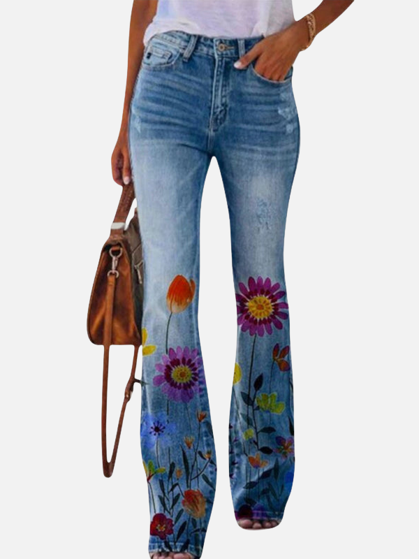 Alejandra | Jeans Acampanados Floreados de Tiro Alto