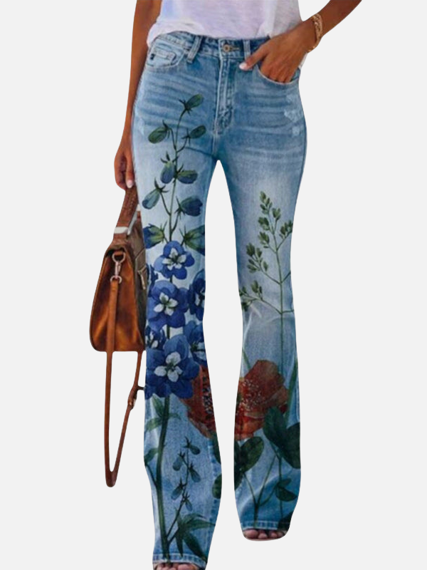 Alejandra | Jeans Acampanados Floreados de Tiro Alto