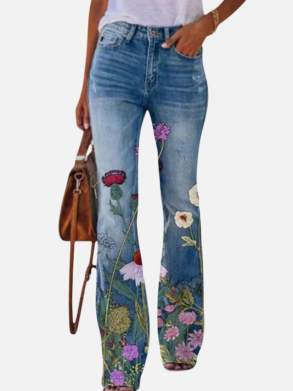 Alejandra | Jeans Acampanados Floreados de Tiro Alto