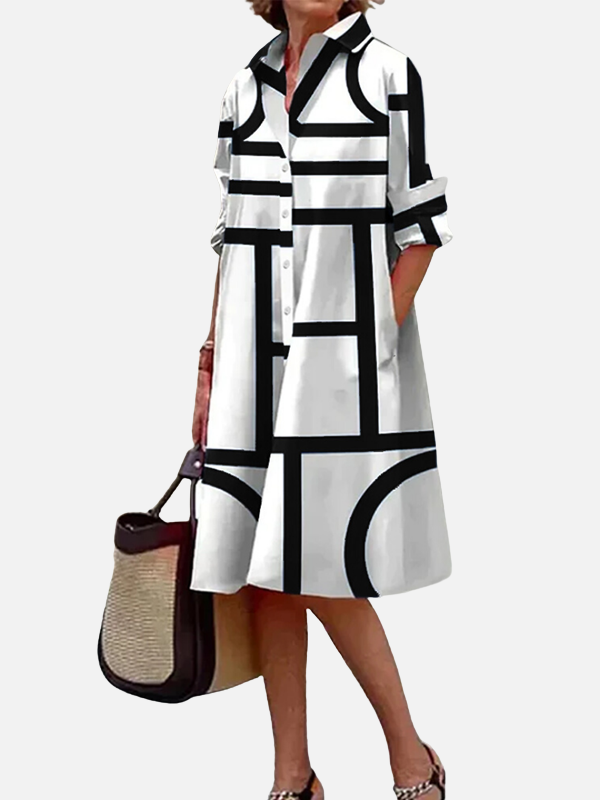 Claudia | Vestido Camisero Midi Geométrico Mujer