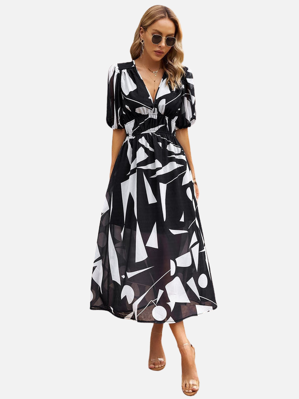 Daniela | Vestido Midi Estampado Manga Corta Escote en V