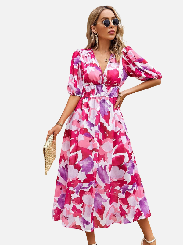 Daniela | Vestido Midi Estampado Manga Corta Escote en V