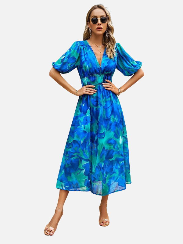 Daniela | Vestido Midi Estampado Manga Corta Escote en V
