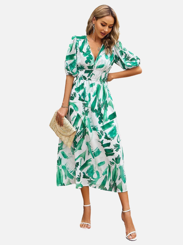 Daniela | Vestido Midi Estampado Manga Corta Escote en V