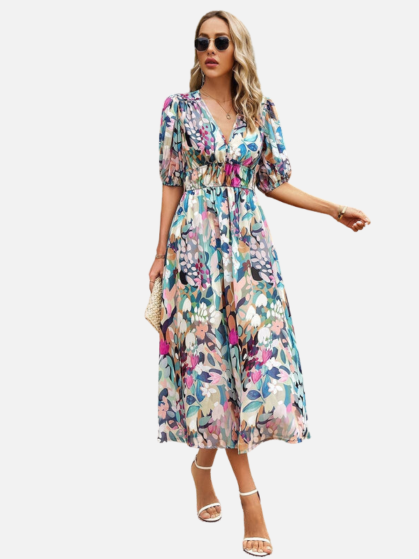 Daniela | Vestido Midi Estampado Manga Corta Escote en V