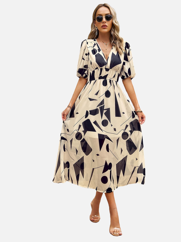 Daniela | Vestido Midi Estampado Manga Corta Escote en V