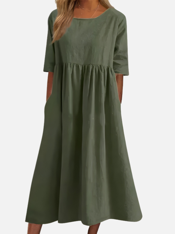 Natalia | Vestido Midi Manga Corta con Bolsillos Mujer