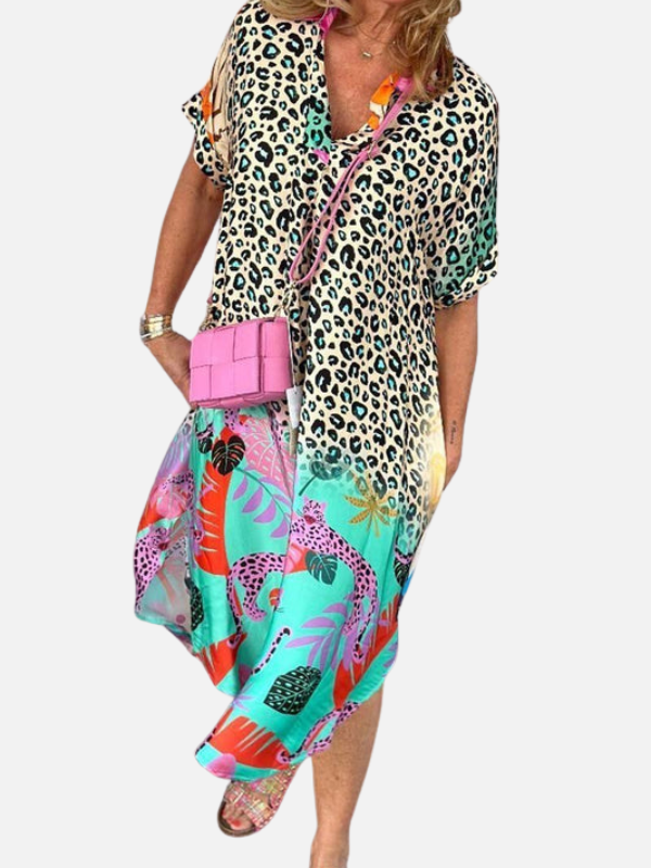 Silvia | Vestido Midi de Leopardo Manga Corta Mujer