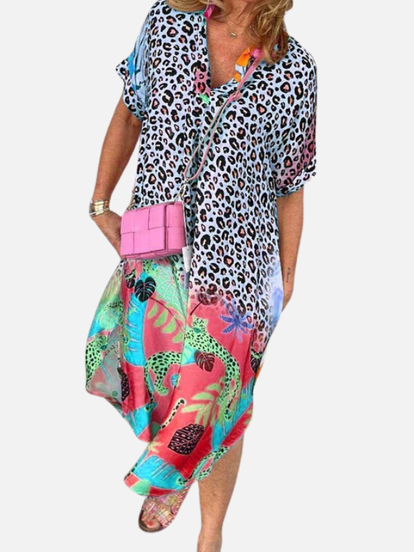 Silvia | Vestido Midi de Leopardo Manga Corta Mujer
