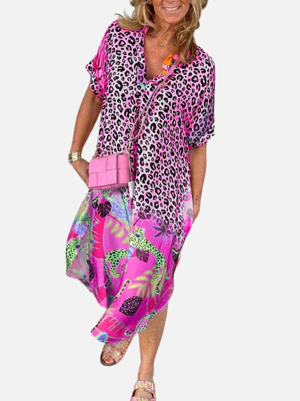 Silvia | Vestido Midi de Leopardo Manga Corta Mujer