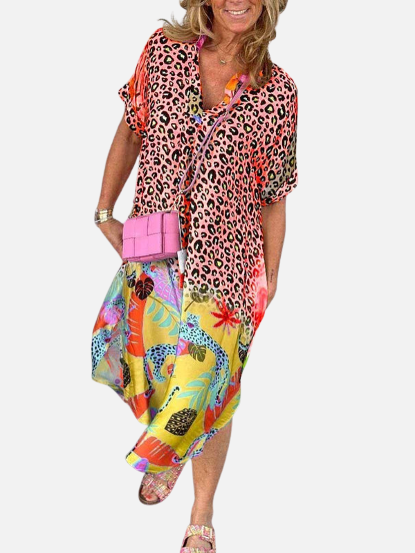 Silvia | Vestido Midi de Leopardo Manga Corta Mujer