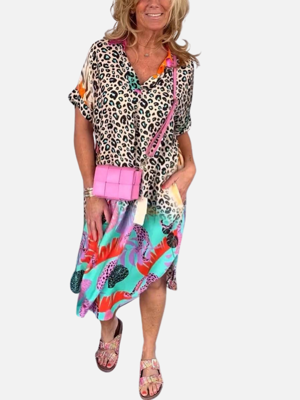 Silvia | Vestido Midi de Leopardo Manga Corta Mujer