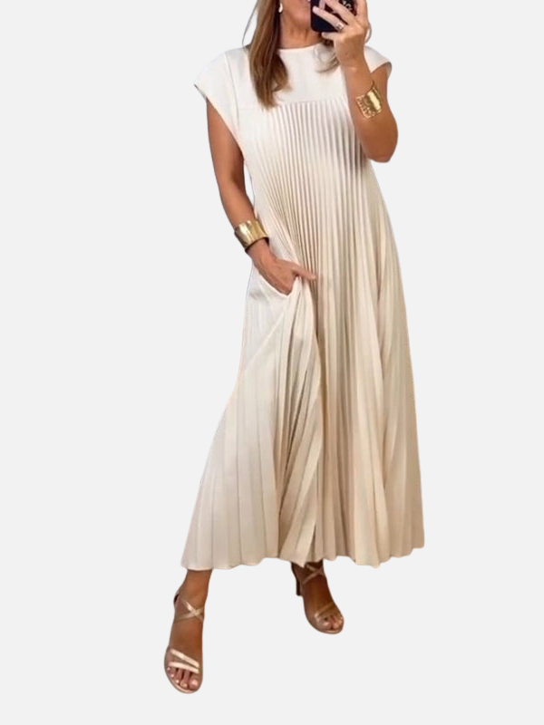 Elena | Vestido Plisado Largo de Manga Corta Mujer