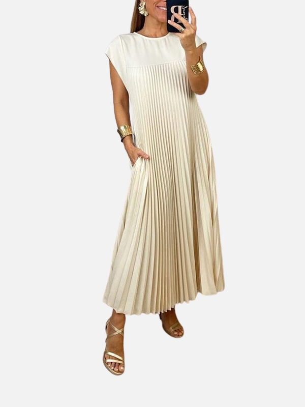 Elena | Vestido Plisado Largo de Manga Corta Mujer