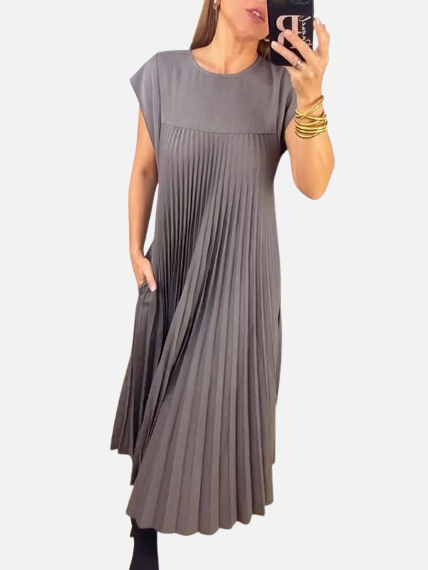 Elena | Vestido Plisado Largo de Manga Corta Mujer