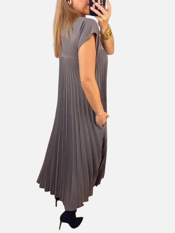 Elena | Vestido Plisado Largo de Manga Corta Mujer