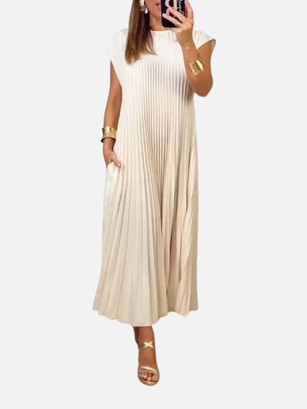 Elena | Vestido Plisado Largo de Manga Corta Mujer