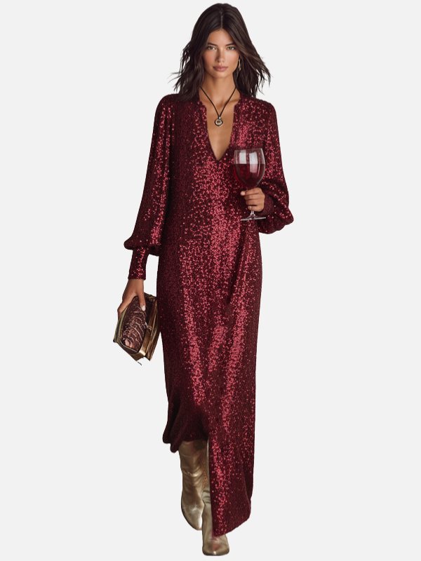 Rosa | Vestido de Lentejuelas Largo Manga Larga Mujer
