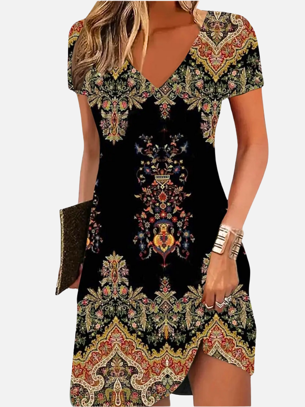 Lisa | Boho Print V Neck Dress for Women Short Sleeve