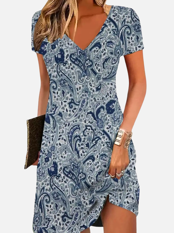 Lisa | Boho Print V Neck Dress for Women Short Sleeve