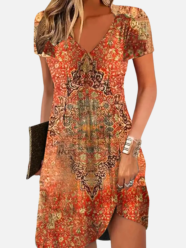 Lisa | Boho Print V Neck Dress for Women Short Sleeve