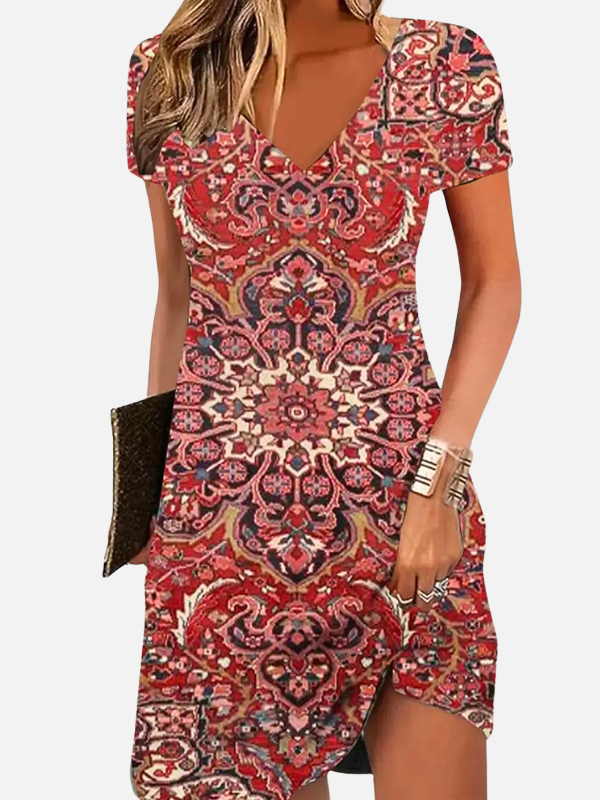 Lisa | Boho Print V Neck Dress for Women Short Sleeve