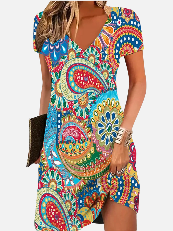Lisa | Boho Print V Neck Dress for Women Short Sleeve