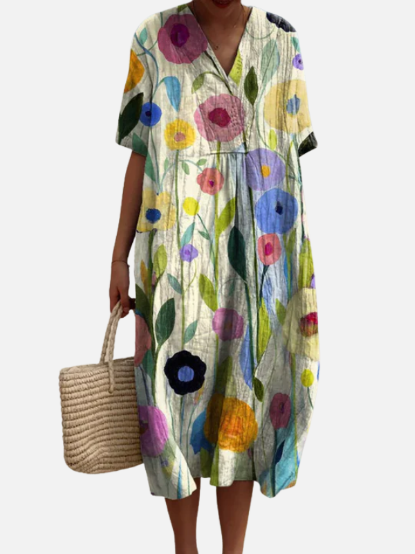 Valerie | Botanical Print Midi Dress for Women V Neck