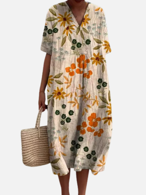 Valerie | Botanical Print Midi Dress for Women V Neck