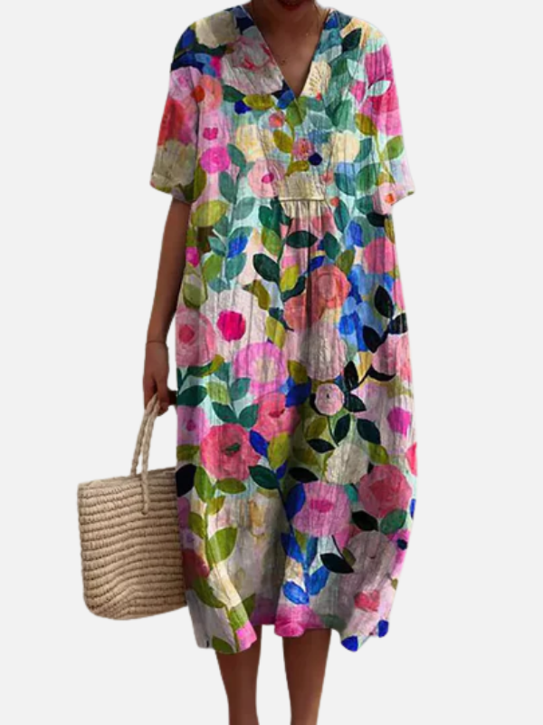Valerie | Botanical Print Midi Dress for Women V Neck