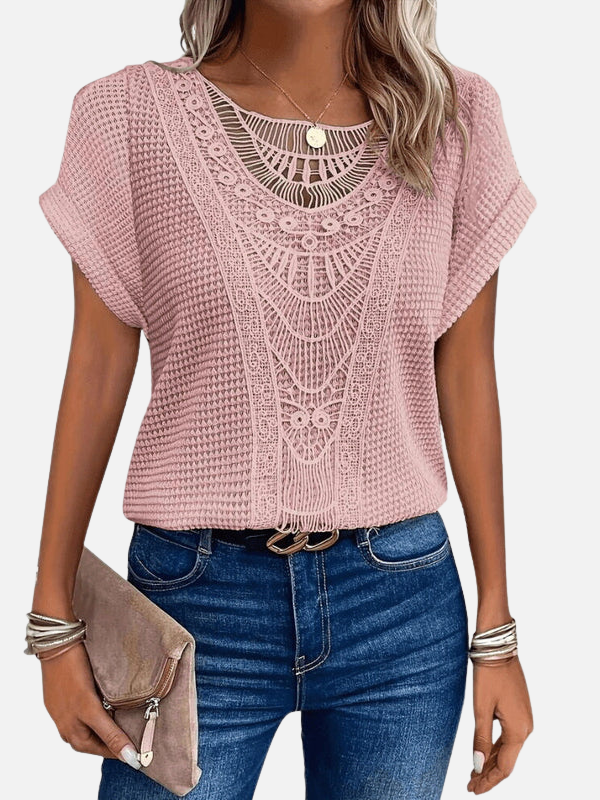 Valerie | Crochet Panel Knit Top for Women Short Sleeve