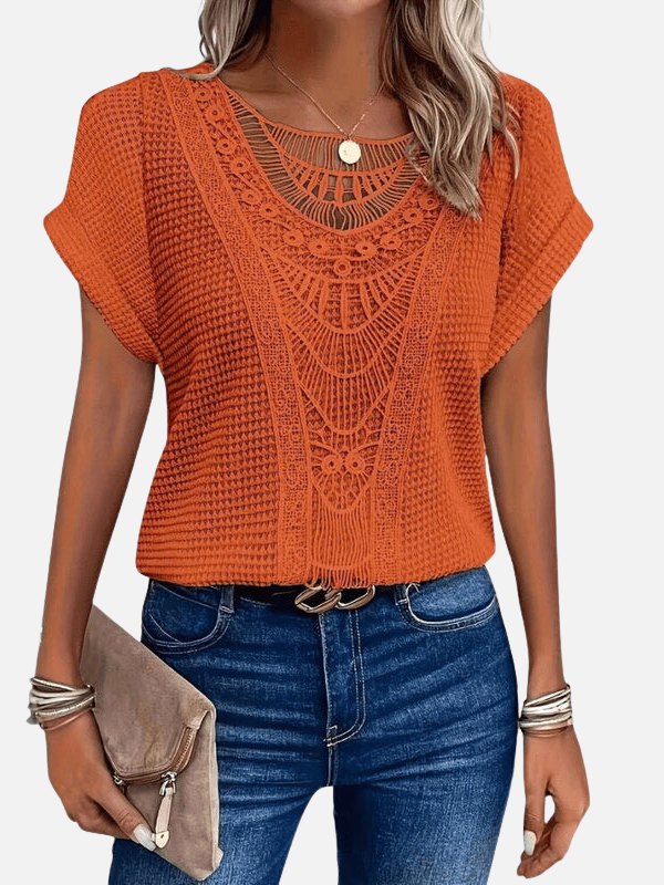 Valerie | Crochet Panel Knit Top for Women Short Sleeve