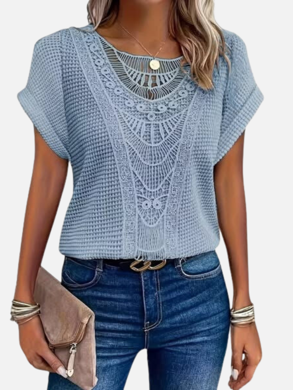 Valerie | Crochet Panel Knit Top for Women Short Sleeve