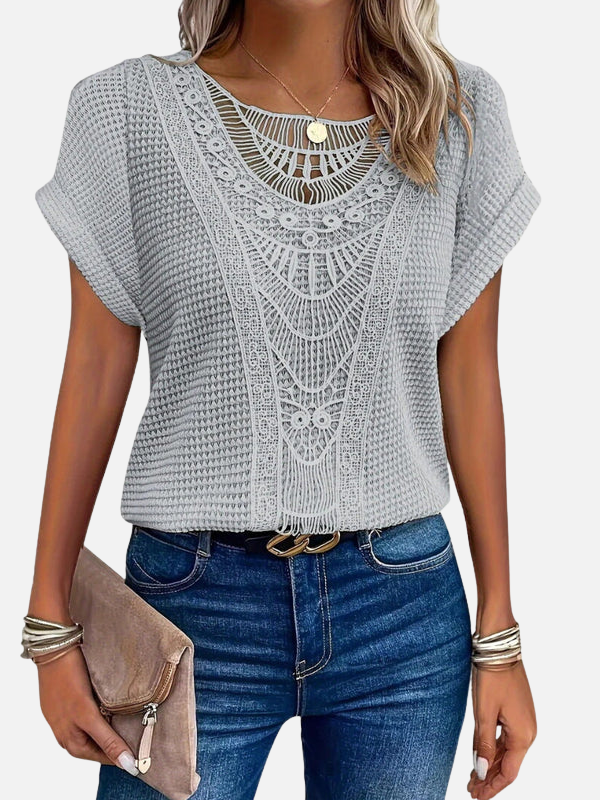 Valerie | Crochet Panel Knit Top for Women Short Sleeve