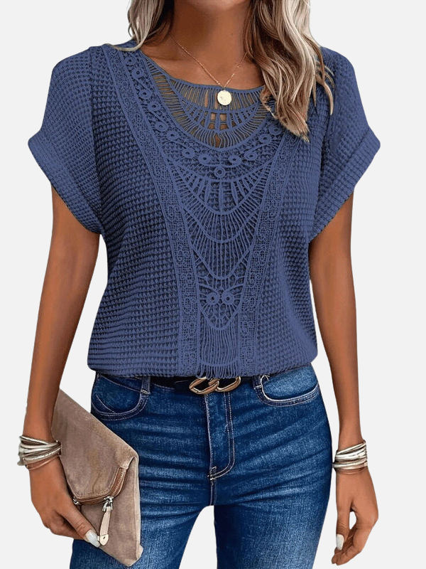 Valerie | Crochet Panel Knit Top for Women Short Sleeve