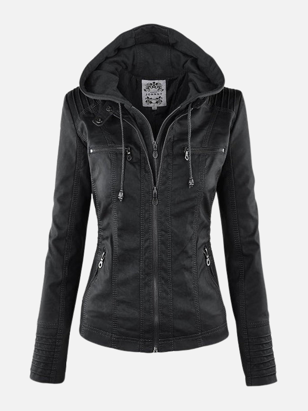Megan | Faux Leather Moto Jacket for Women Detachable Hood