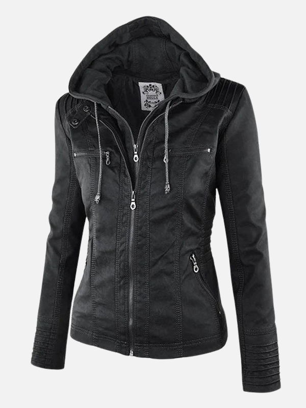 Megan | Faux Leather Moto Jacket for Women Detachable Hood