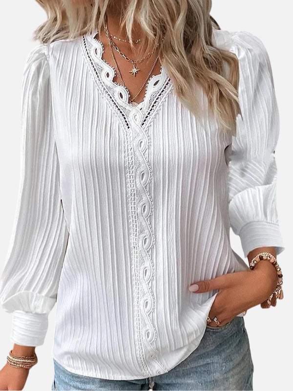 Jill | Lace Trim Puff Sleeve Blouse for Women V Neck