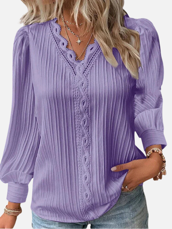 Jill | Lace Trim Puff Sleeve Blouse for Women V Neck